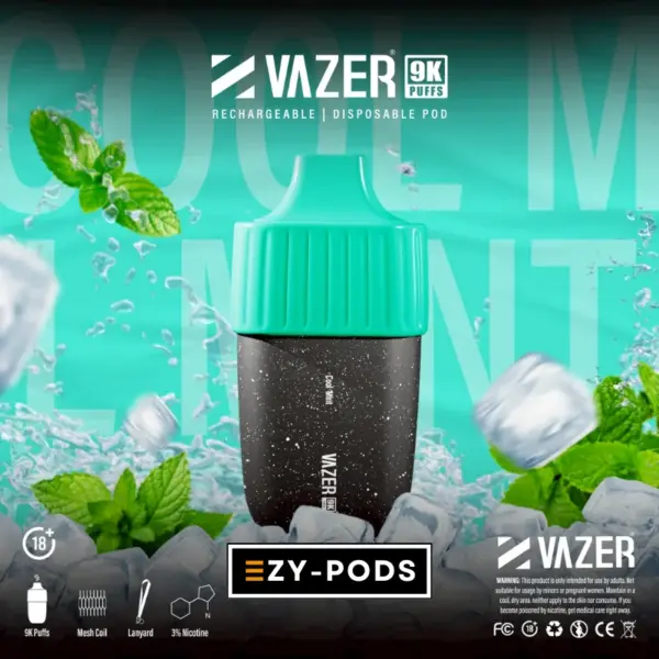 Vazer 9K พอตใช้แล้วทิ้งนิโคติน 3% กลิ่น Cool Mint