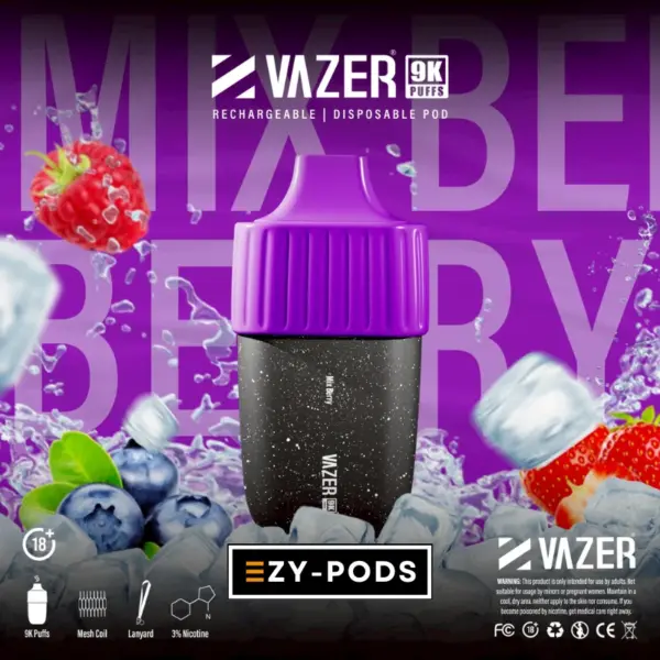 Vazer 9K พอตใช้แล้วทิ้งนิโคติน 3% กลิ่น Mix Berry