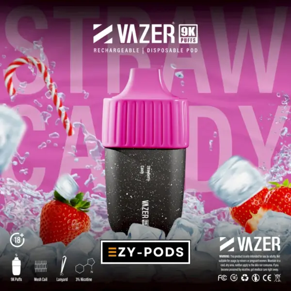 Vazer 9K พอตใช้แล้วทิ้งนิโคติน 3% กลิ่น Strawberry Candy