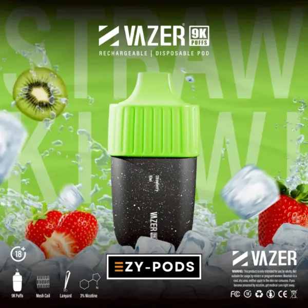 Vazer 9K พอตใช้แล้วทิ้งนิโคติน 3% กลิ่น Strawberry Kiwi